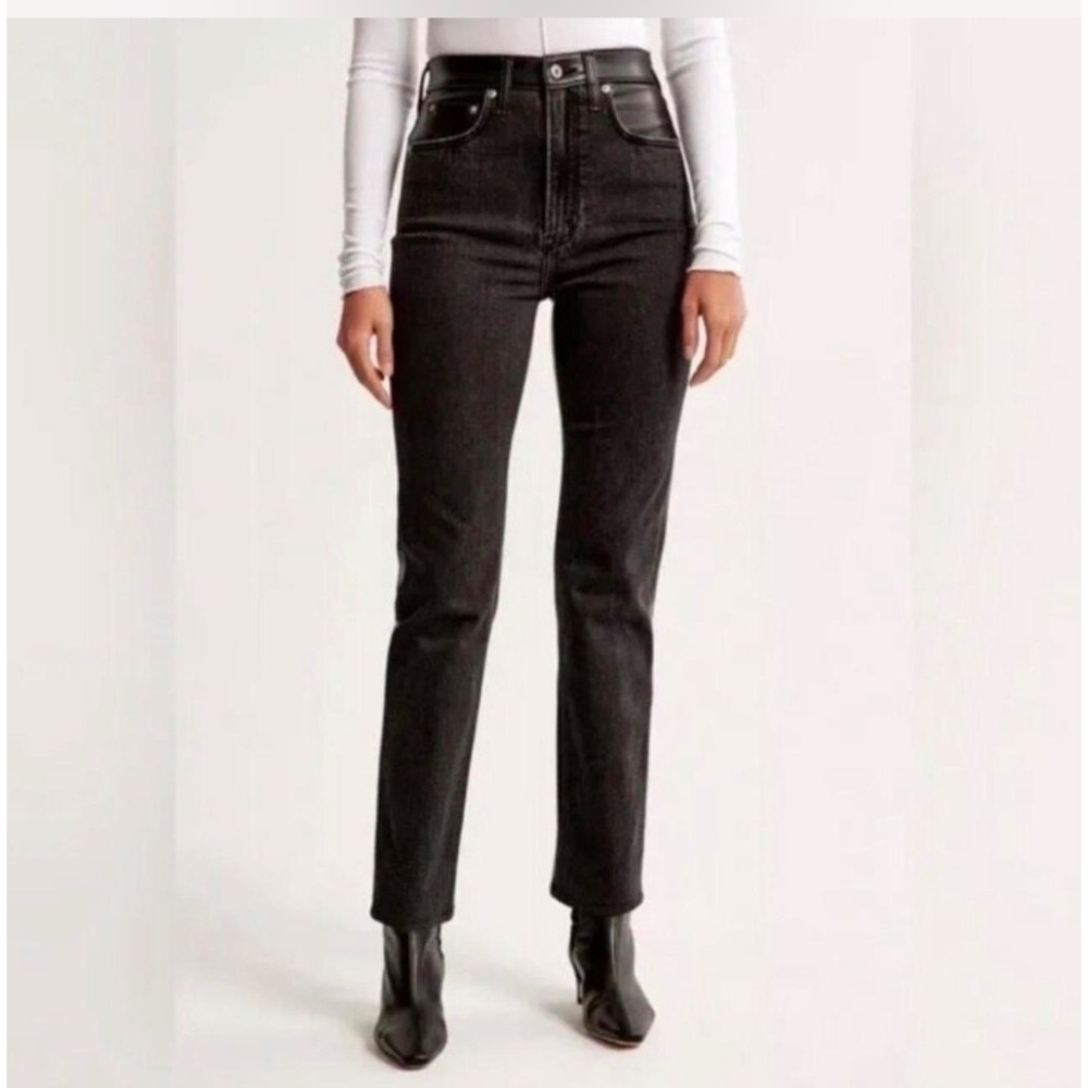 Abercrombie & Fitch Curve Love Ultra High Rise Ankle Mixed Leather Denim Jeans